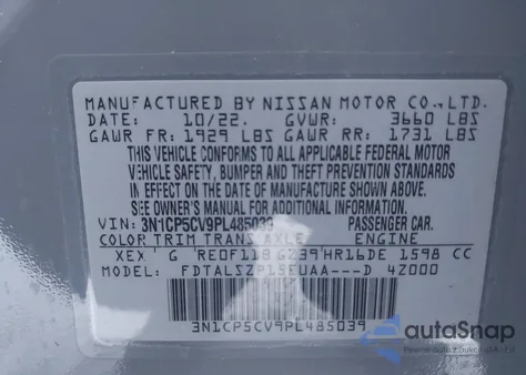 2023 Nissan Kicks Sv Xtronic Cvt from USA, damaged, VIN 3N1CP5CV9PL485039